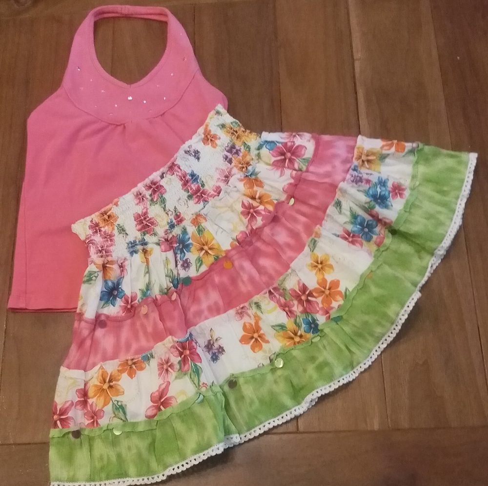 Children's Place Pink Halter Top and Tropical Floral Skirt Set, Size 5/6